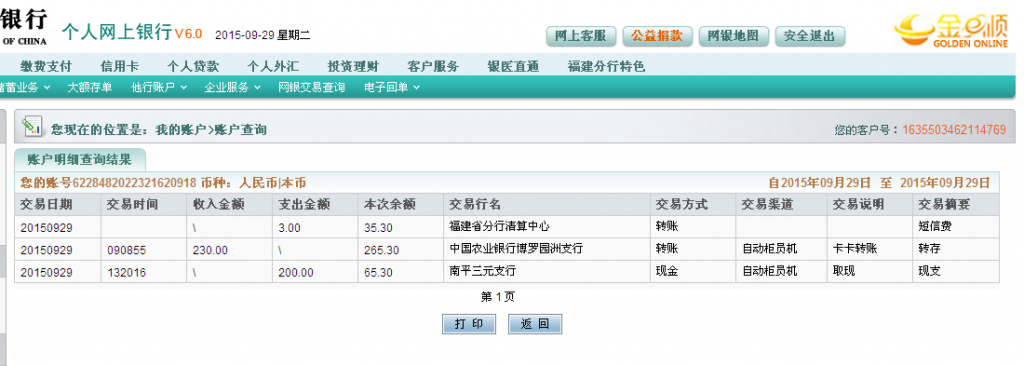 9月29日惠州鹏达白铁汇款230元至农行卡