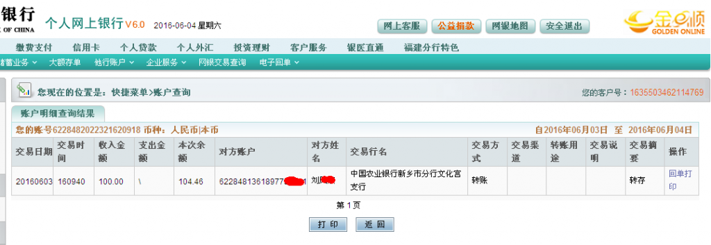 6月3日新乡客户汇款100元至农行帐户